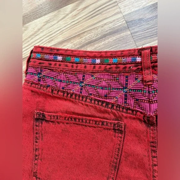 FREE PEOPLE Sun Break Embroidered-Yoke Denim Shorts Red Size 29 - Picture 10 of 10